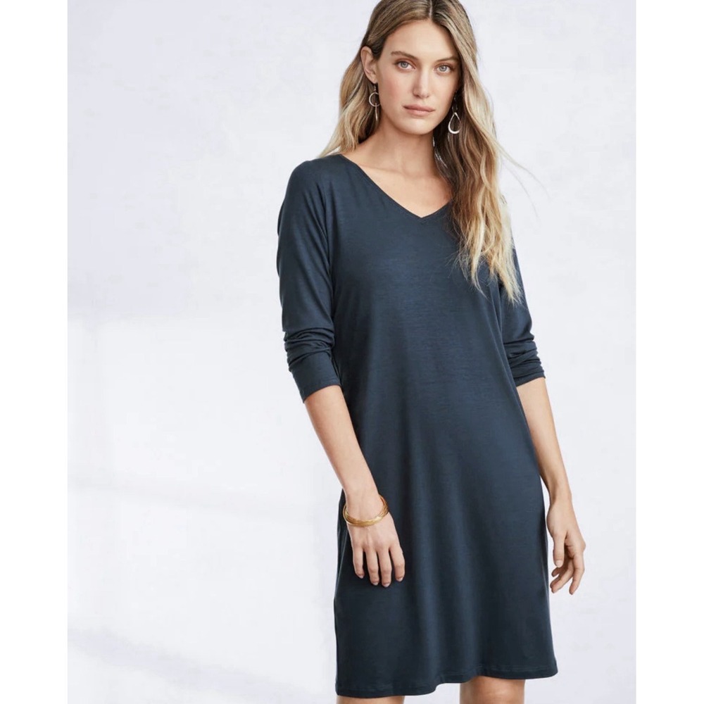 Eileen Fisher Fine Tencel Jersey V-Neck Three-Quarter-Sleeve Dress XS Minimalist
